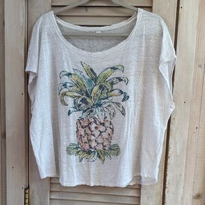 Vintage White Linen Pineapple Print Women's Tee Size XL